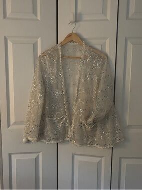 Embellished Pearl-Trim Sheer Jacket in Ivory/light gray -M/L